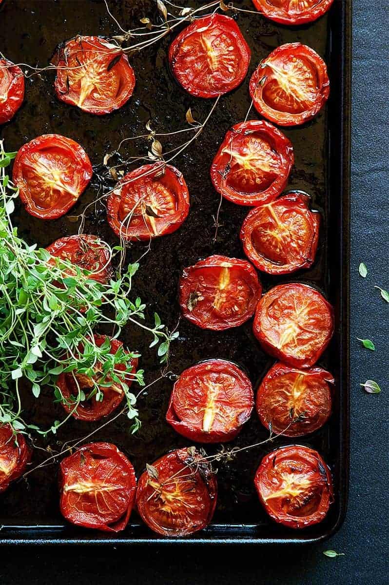 Homemade roasted tomato soup with thyme