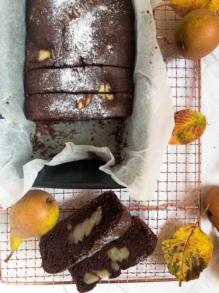 Gluten free chocolate and pear loaf cake