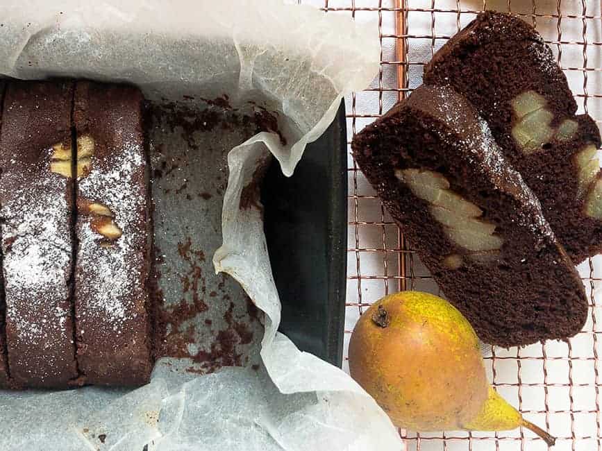 Gluten-free chocolate and pear loaf cake