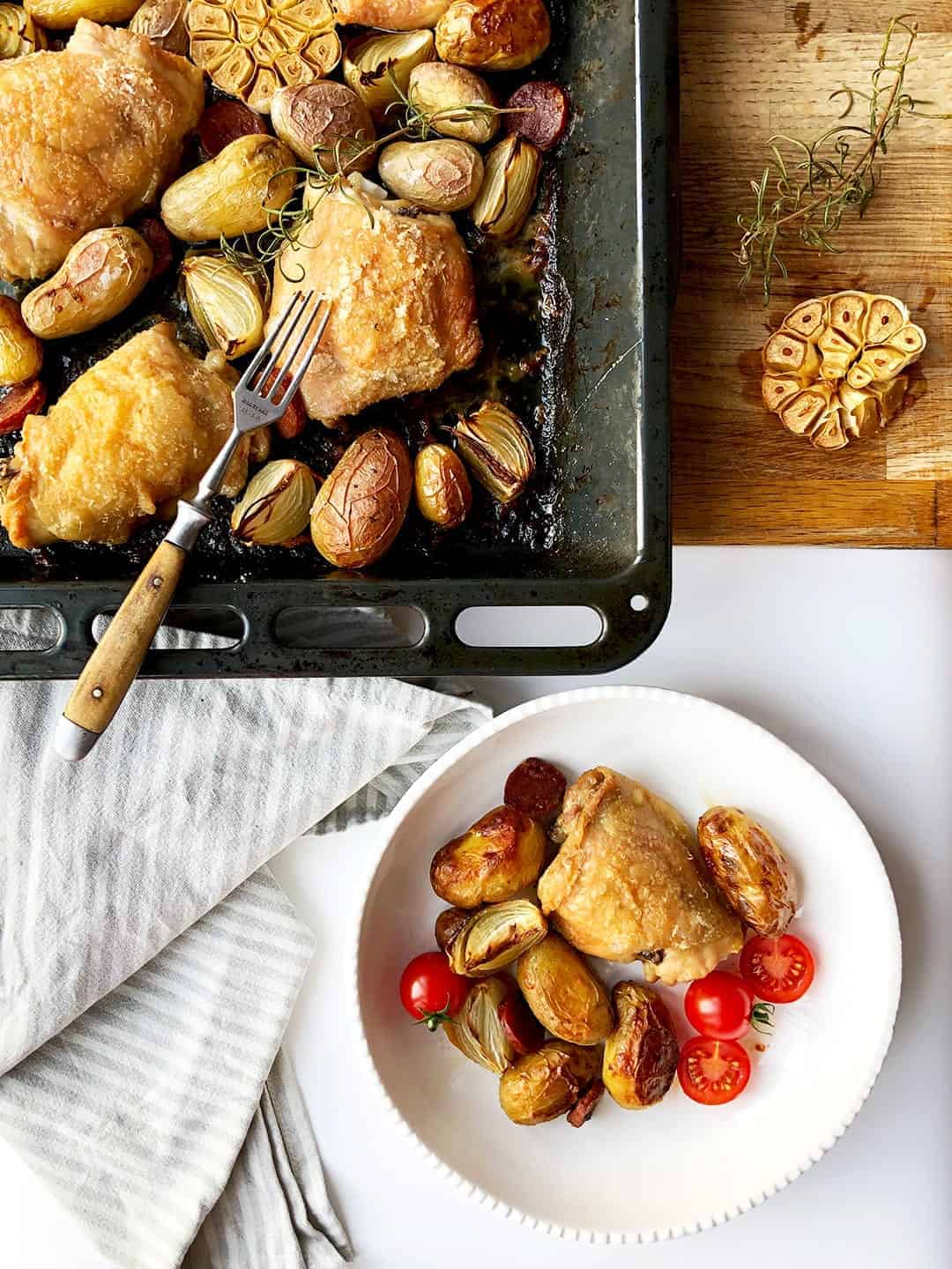 Chicken Thigh Tray Bake with Chorizo and Potatoes