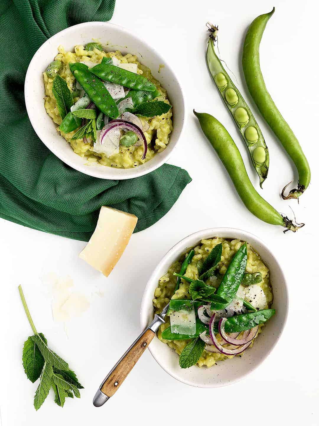 Creamy Vegetarian Snow Pea Risotto with Broad Beans