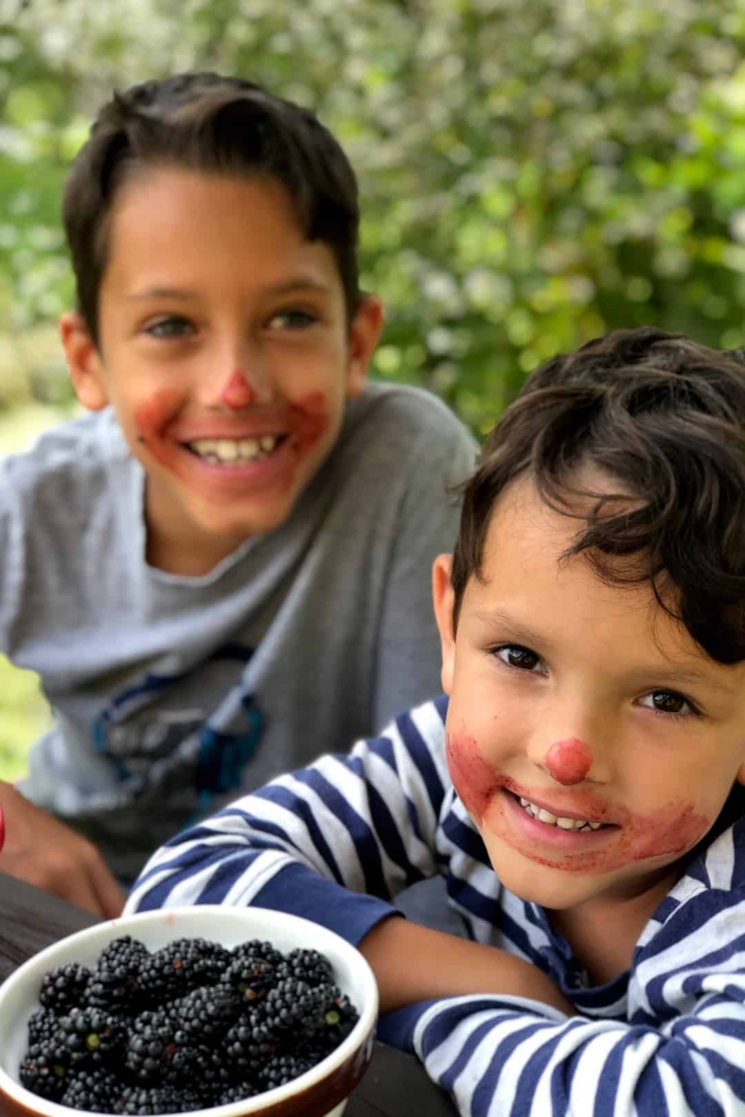 Boys with dirty faces from eating blackberries