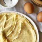 Delia Smith English Pancakes, small bowl with sugar and two eggs.