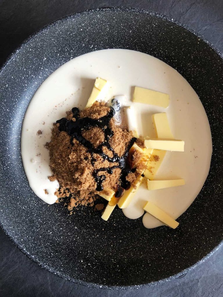 ingredients for sticky toffee pudding in a pan