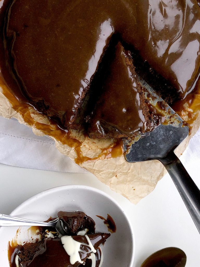 Nigella's Sticky Toffee Pudding in a round cake tin