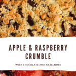 Pinterest pin: Text - Apple and raspberry crumble; with a picture of crumble pudding at the background.