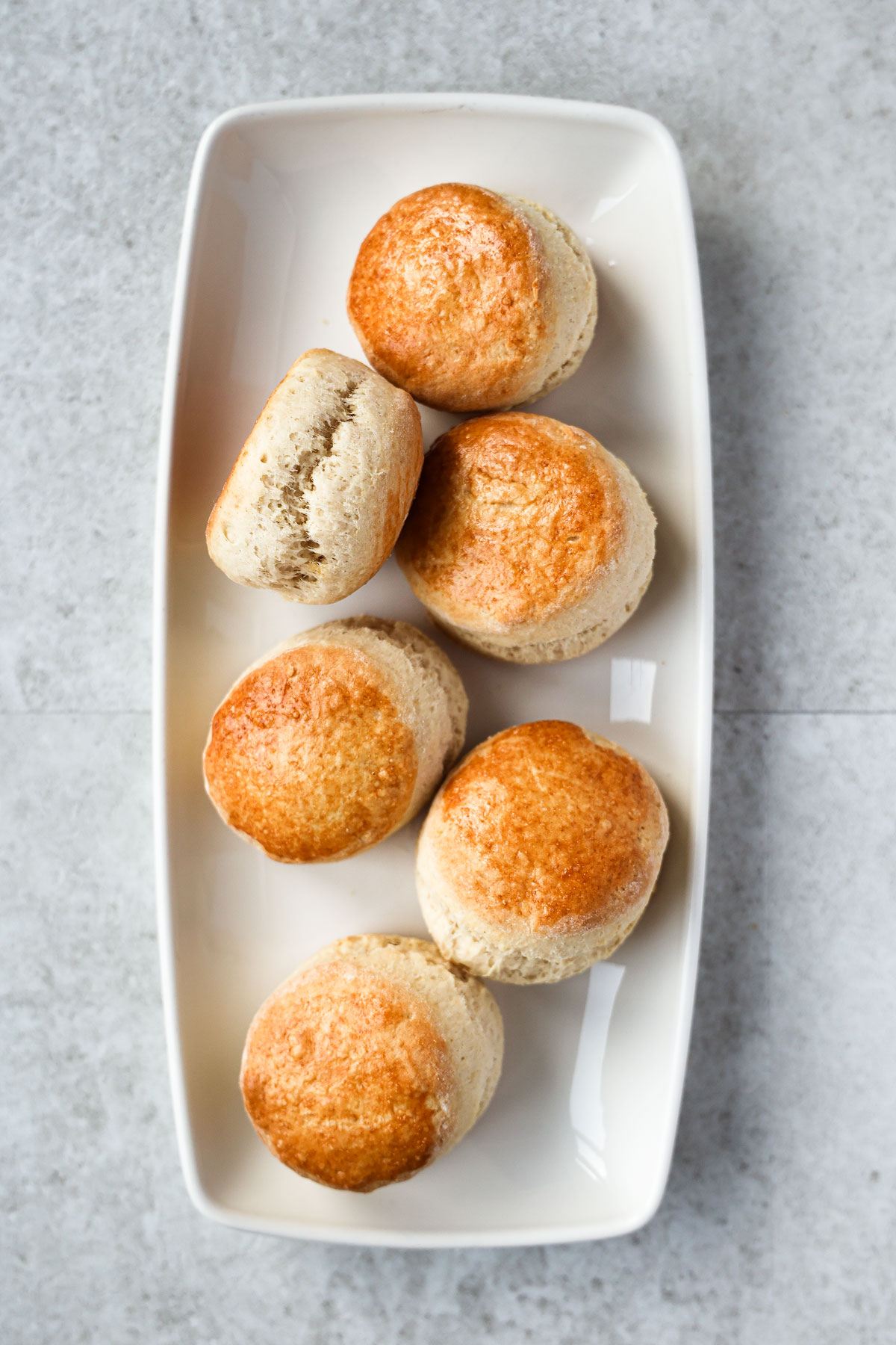 James Martin scones on a rectangular dish.