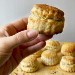 Close up of a hand holding a English round scone with more scones in the background.