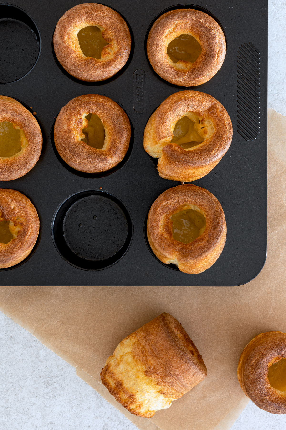 Eye bried view - Yorkshire puddings on a metal tray.