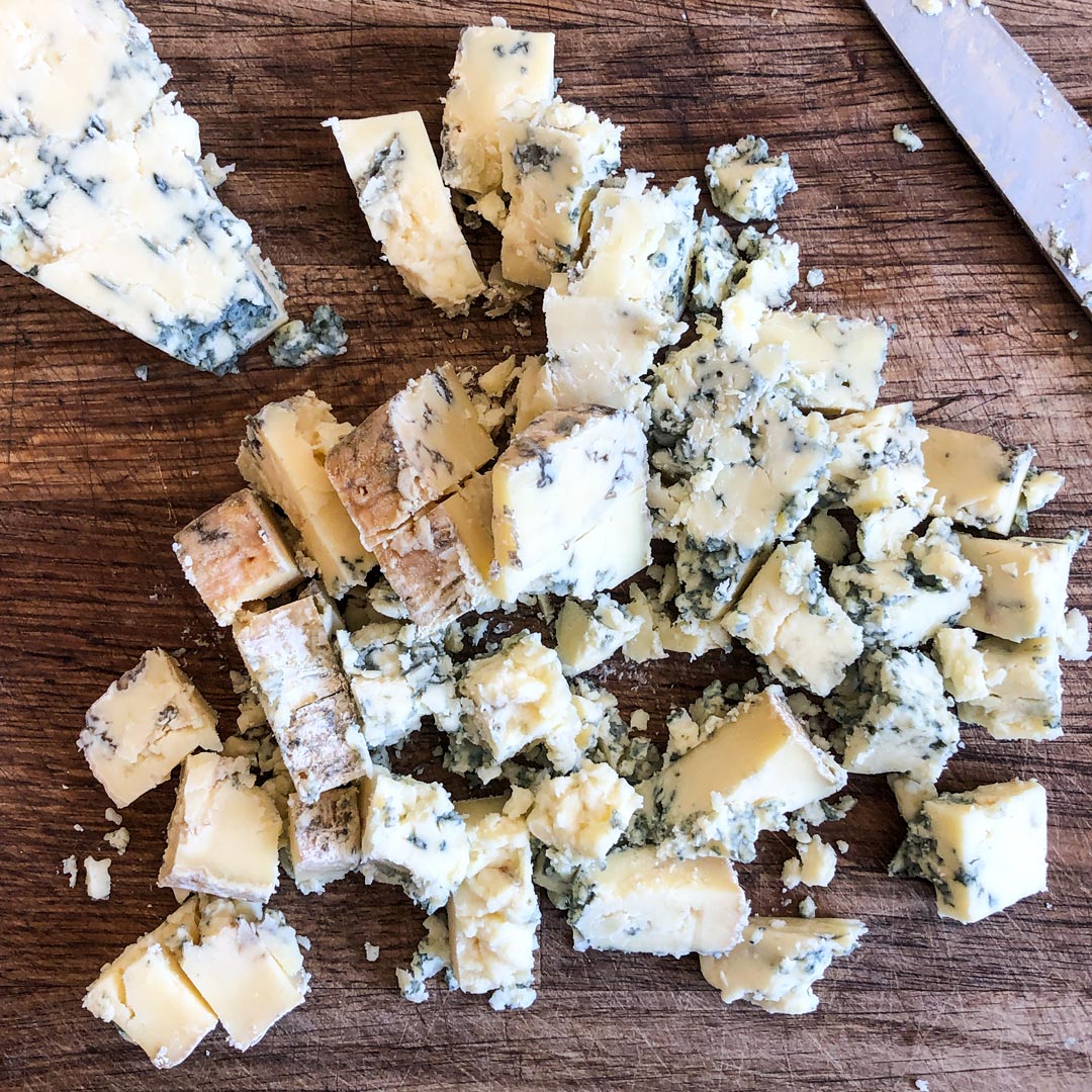 Chopped and crumbled stilton cheese.