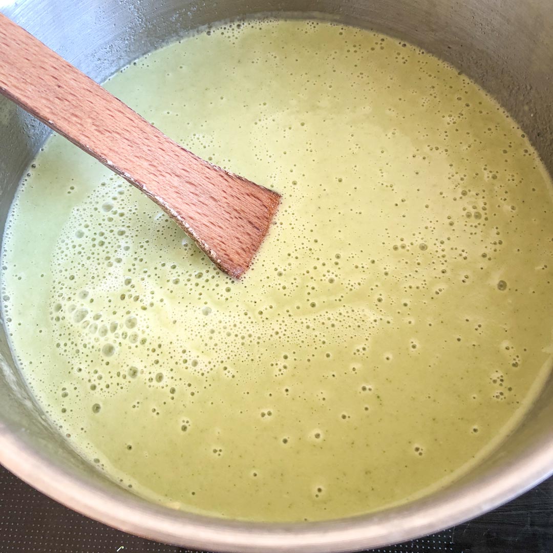Smooth, blended broccoli and blue cheese soup.