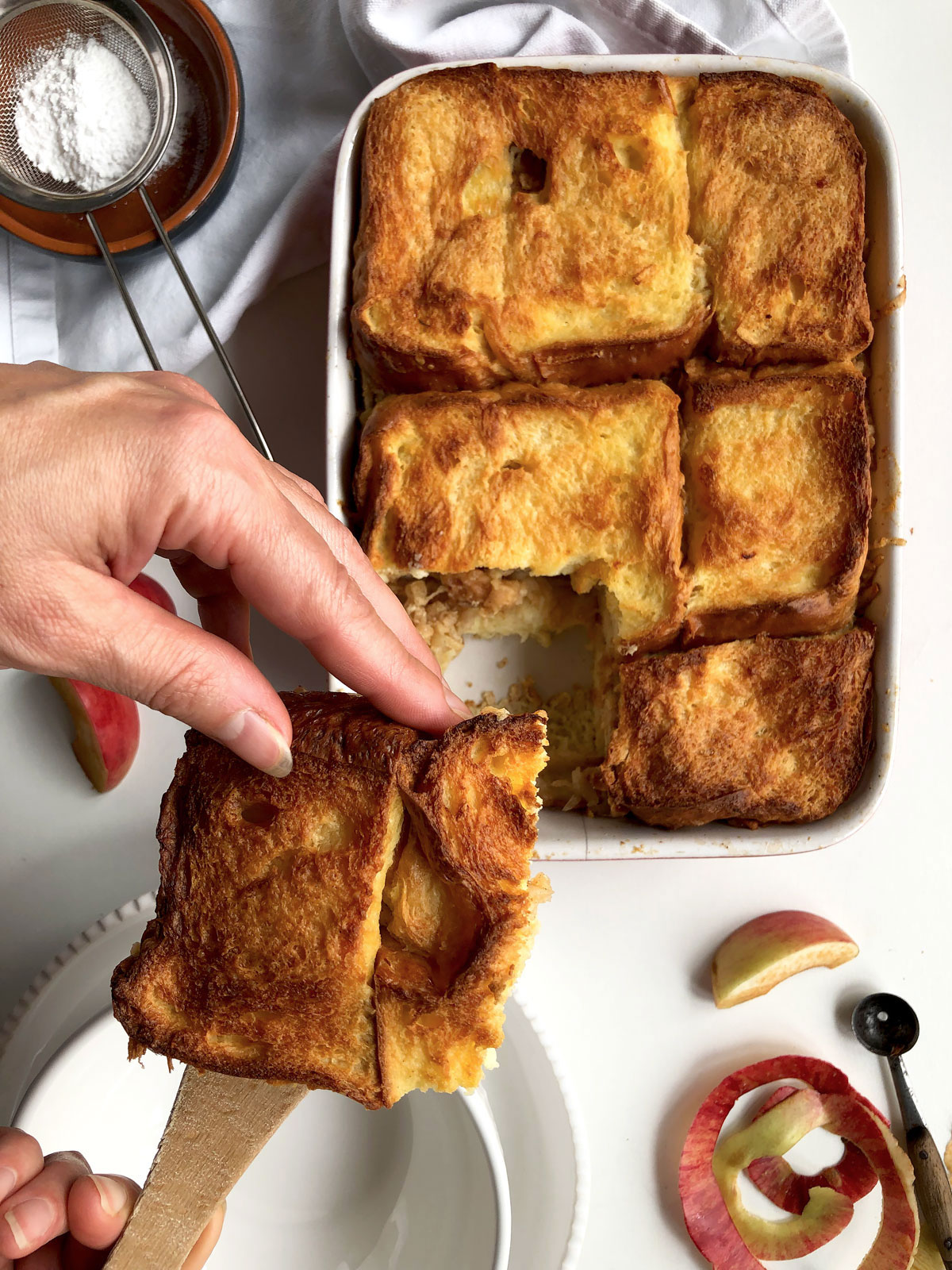 Brad and butter pudding with apples.
