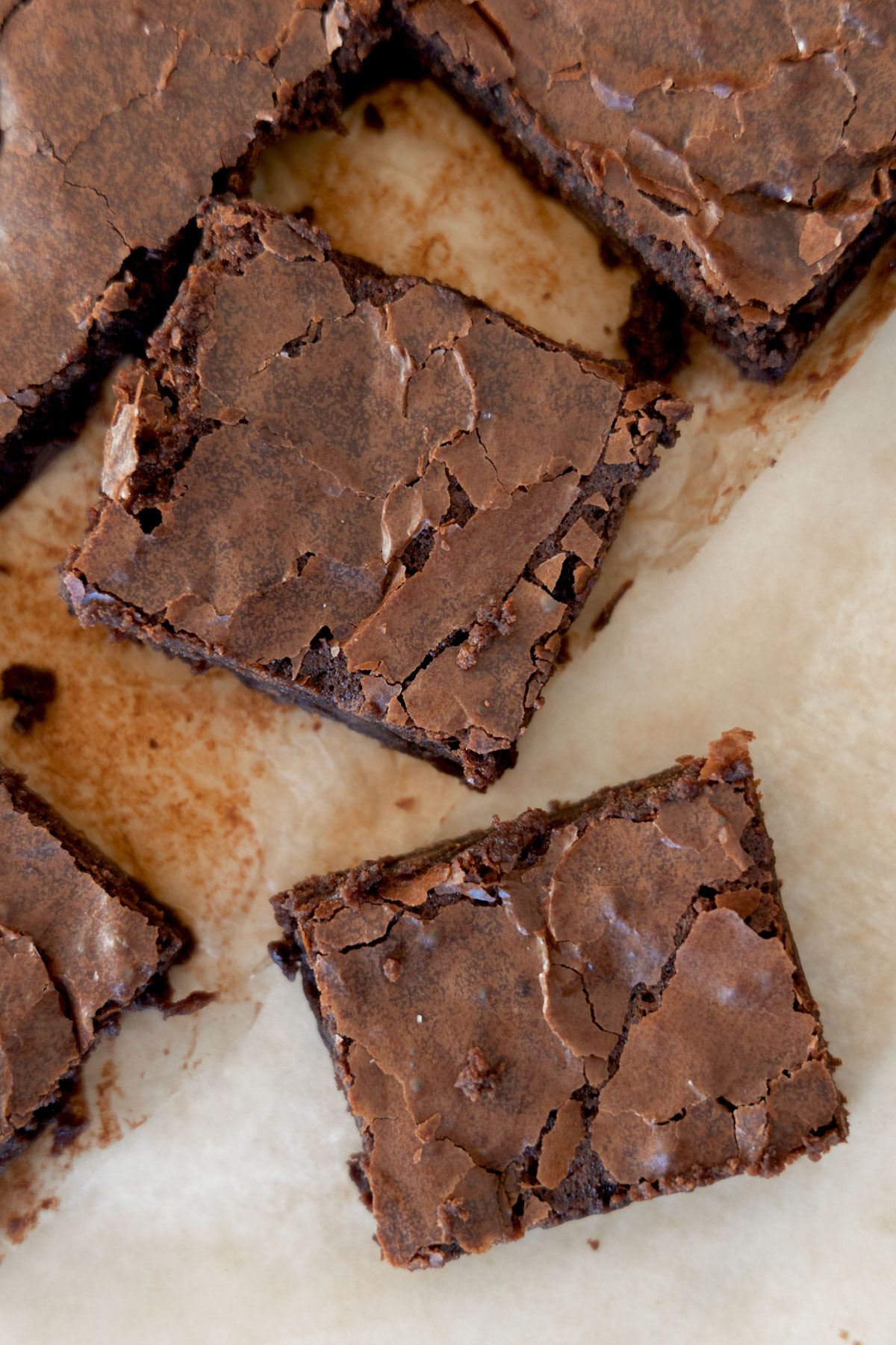 Chocolate brownies with a delicate crusty top.